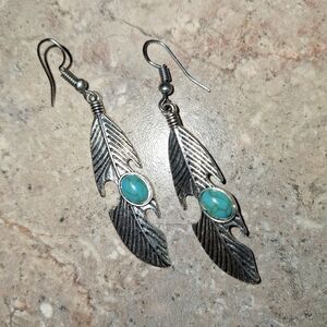 Silver Feather Earrings with Turquoise Stone